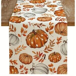 Fall Table Runner 13x72in Woven Polyester Pumpkins Leaves